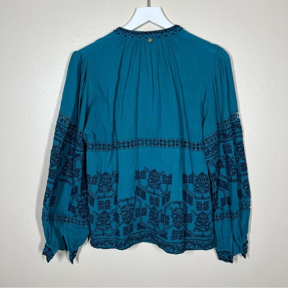 Anthropologie Antik Batik Embroidered Boho Blue Peasant Blouse Size Small - Picture 8 of 10